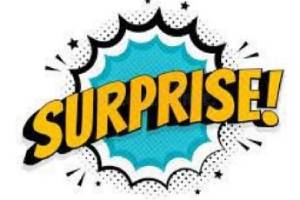 The word surprise in big yellow letters with a blue burst in the background