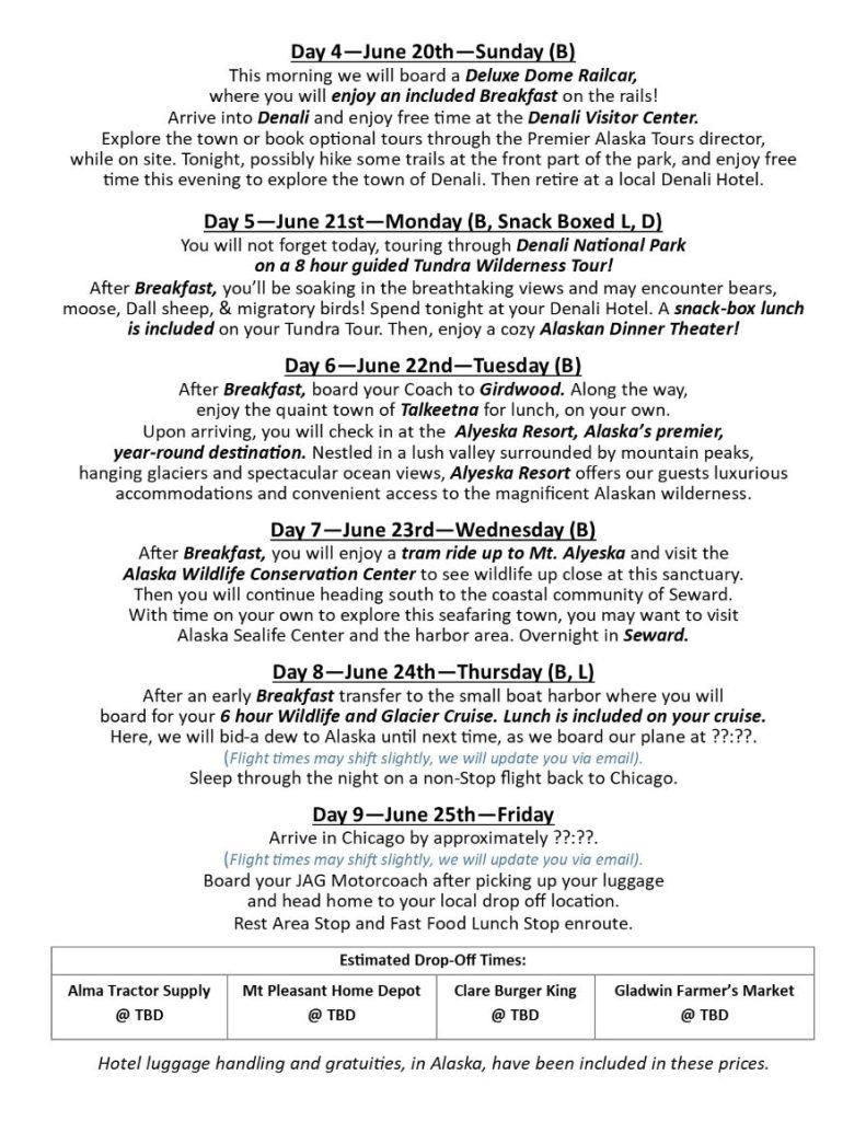 Alaska Land Tour 2027 Guest Itinerary(back)